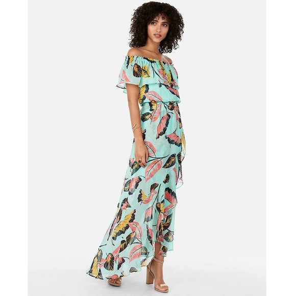 Express Dresses & Skirts - Express Tropical Ruffle Off The Shoulder Dress L